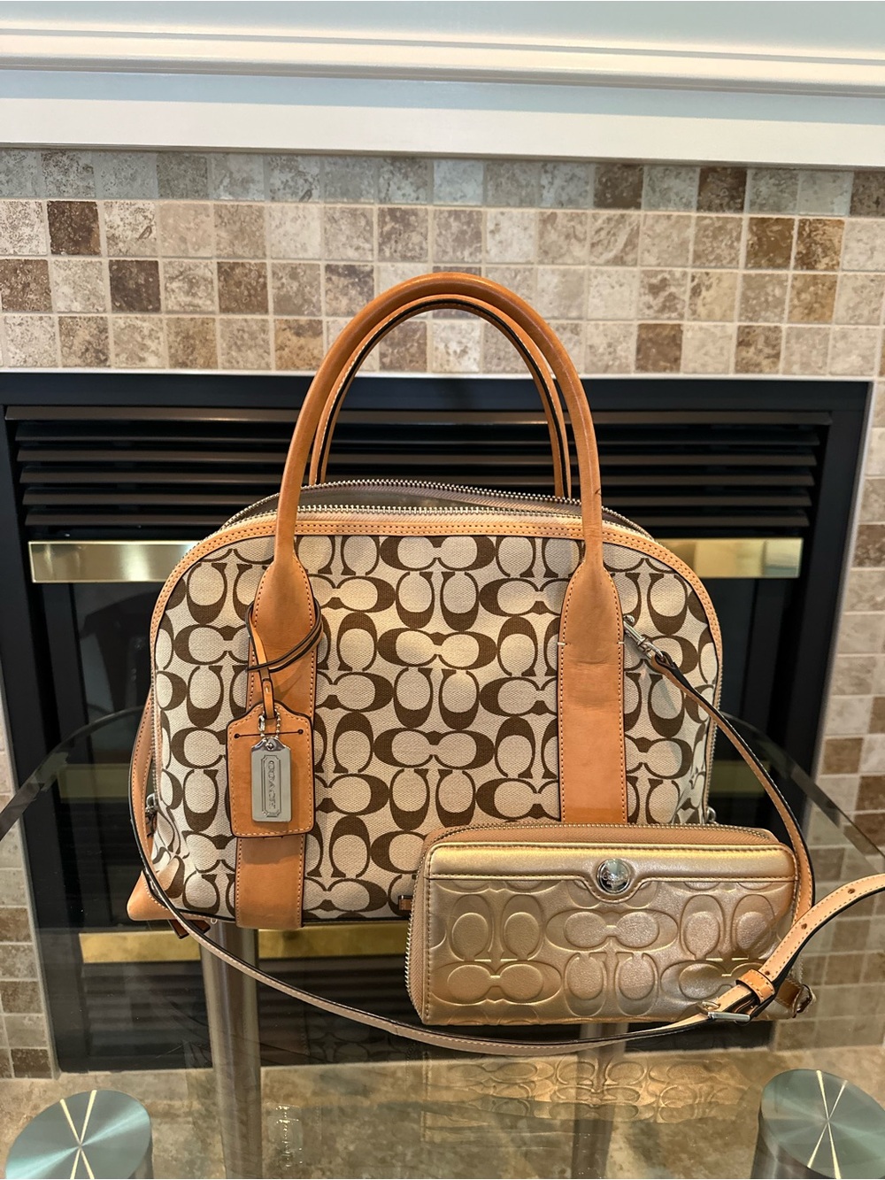 Coach Brown Signature Canvas Dome Satchel with Tan Leather Trim